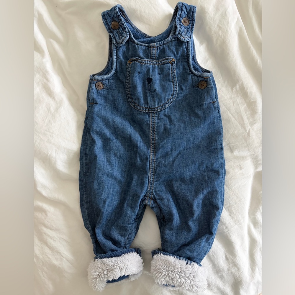 Baby Gap denim fleece-lined overalls